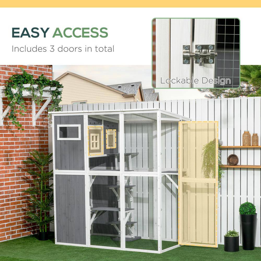 Large Dark Gray Wooden Outdoor Cat Enclosure with Perches