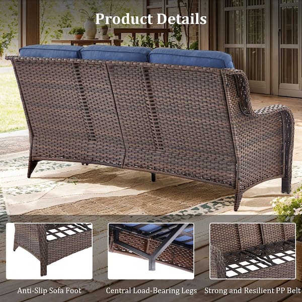 NovaSwivel Brown 7-Piece Wicker Patio Conversation Swivel Glider Set Outdoor Seating Set with 6 in. Blue Cushions
