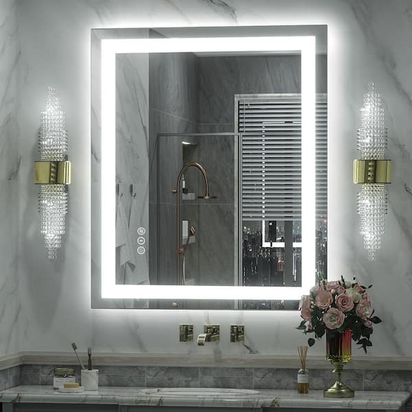 Apmir 30 in. W x 36 in. H Rectangular Frameless Double LED Lights Anti-Fog Wall Bathroom Vanity Mirror in Tempered Glass