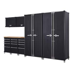 PRO 128 in. W x 75.7 in. H x 24 in. D 18-Gauge Steel Garage Cabinet Drawer Set in Black with Solid Wood Top (8-Piece)