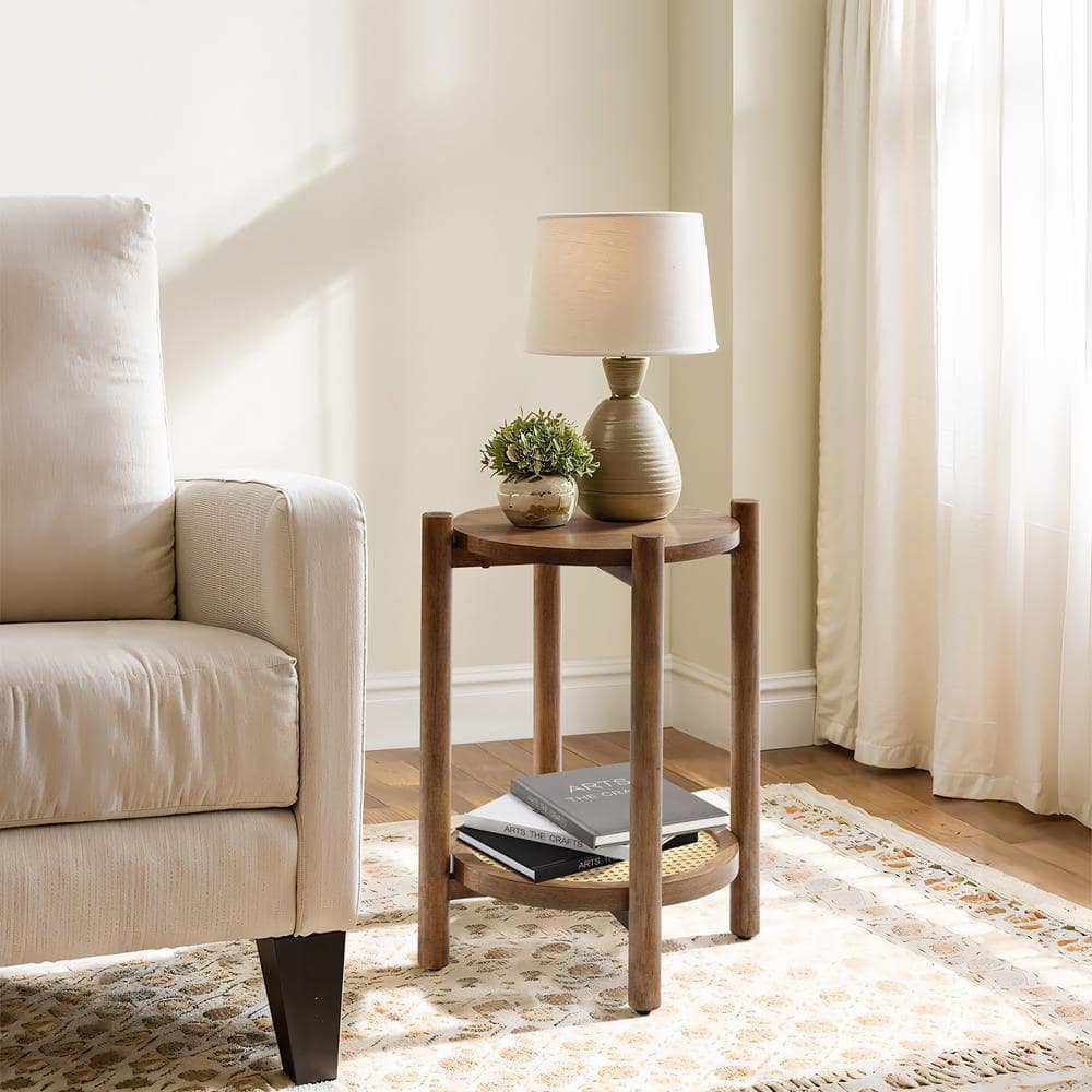 Chestnut Finish Pine and MDF Round Table with Rattan Shelf