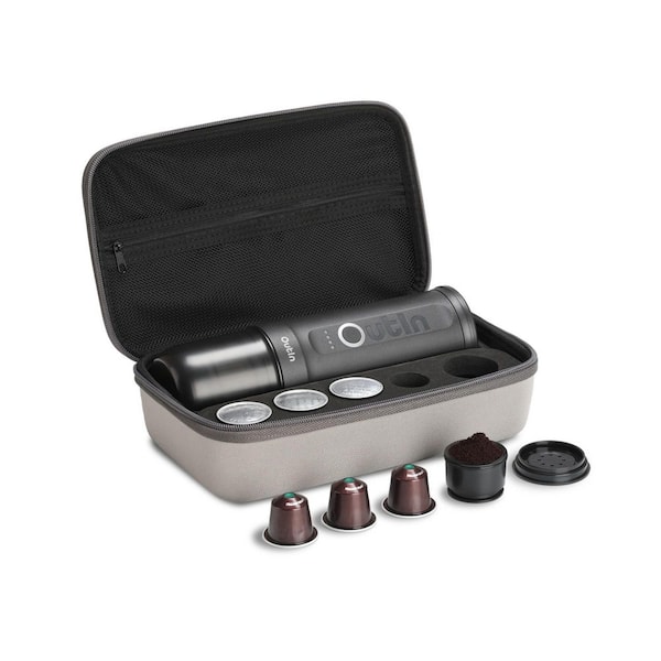 Nano Portable 2 Cup Space Grey Espresso Machine with Rechargeable Battery with Ground Coffee and Capsules + Travel Bag