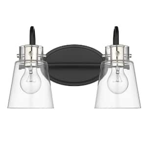 Bristow 14.75 in. 2-Light Matte Black and Polished Nickel Vanity Light with Clear Glass
