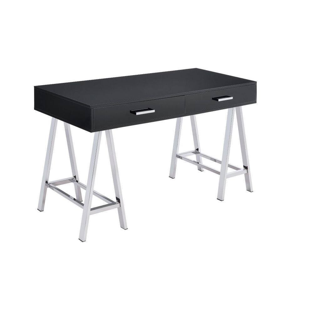 22 in. Rectangular Black and Chrome Wood Top 2-Drawer Writing Desk with Metal Legs