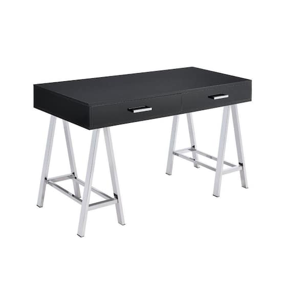 22 in. Rectangular Black and Chrome Wood Top 2-Drawer Writing Desk with Metal Legs