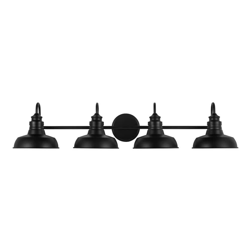 Hampton Bay 37.88 in. Elmcroft 4-Light Matte Black Farmhouse Bathroom Vanity Light with Metal Shades