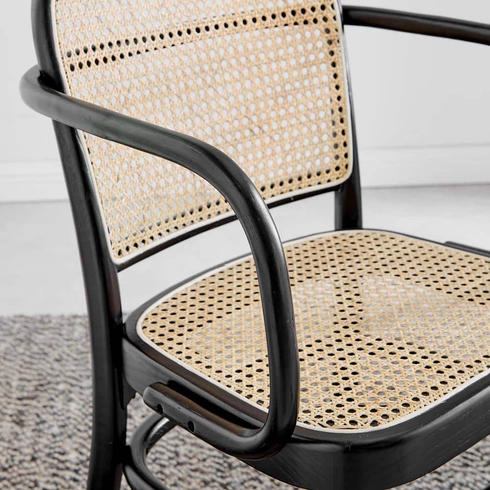 Low Profile Black Elm Wood & Cane Arm Chair