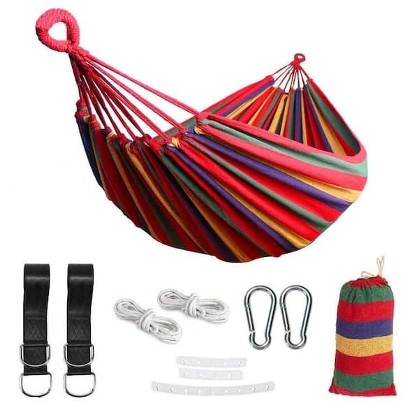 Unbranded 9 ft. Canvas Tightly-Woven Cotton Fabric Double Brazilian Portable Hammock in Rainbow Easy To Install with Tree Strap