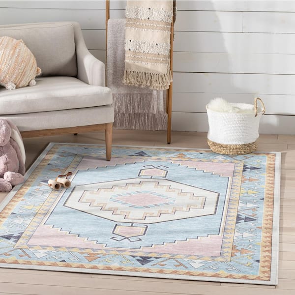Pink Ivory 5 ft. x 7 ft. Flat-Weave Ethnic Soft Medallion Modern Kids Medallion Area Rug