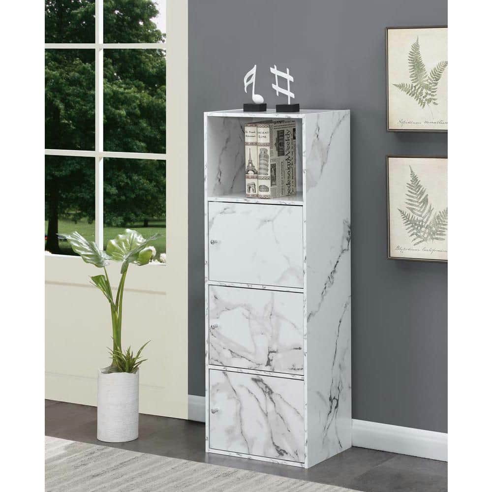White Faux Marble 3-Door Office Storage Cabinet with Adjustable Shelving