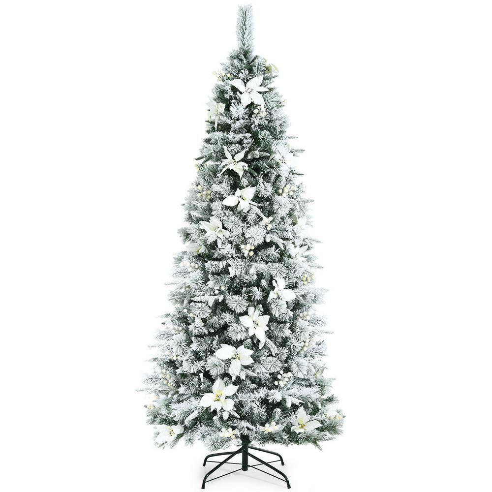 Wellfor 7 Ft. Green Pvc And Pe Unlit Snow Flocked Slim Artificial Christmas Tree With Berries And White Poinsettia Flowers Cm-Hwy-23502