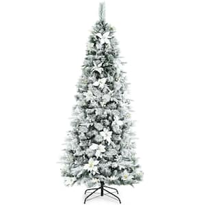 7 ft. Green PVC and PE Unlit Snow Flocked Slim Artificial Christmas Tree with Berries and White Poinsettia Flowers