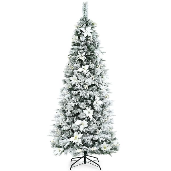 WELLFOR 7 ft. Green PVC and PE Unlit Snow Flocked Slim Artificial Christmas Tree with Berries and White Poinsettia Flowers