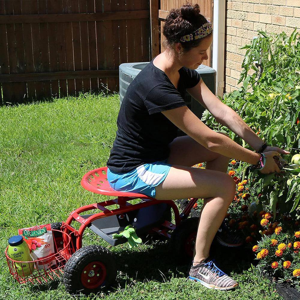 Red Steel Rolling Garden Scooter with Swivel Seat and Tool Tray