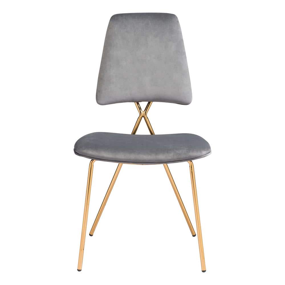 Gray and Gold Velvet Upholstered Side Chair Set with Metal Frame