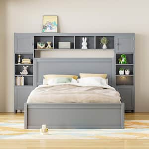 Gray Wood Frame Queen Platform Bed with All-in-One Cabinet, Multiple Shelves, Cabinets, USB, 4-Drawers