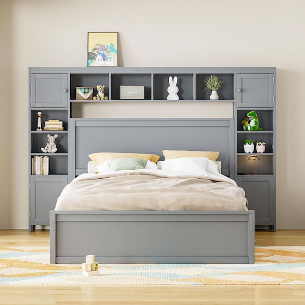 Harper & Bright Designs Gray Wood Frame Queen Platform Bed with All-in ...