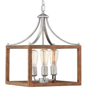 Boswell Quarter 14 in. 3-Light Silver Coastal Pendant Light with Painted Chestnut Wood Accents for Kitchens
