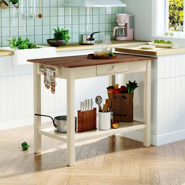 42 In Walnut Top Plus Cream White Solid Wood Kitchen Island With Seating Butch Block Prep Table Storage Lnn K110501993 Seating Butch Block Prep Table, White Kitchen Walnut Top Island