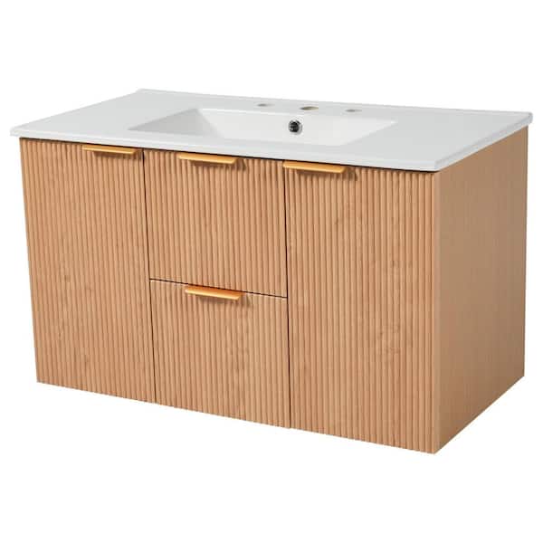 Ziyudura 36 in. Double Sink Floating Natural Wood Bath Vanity with