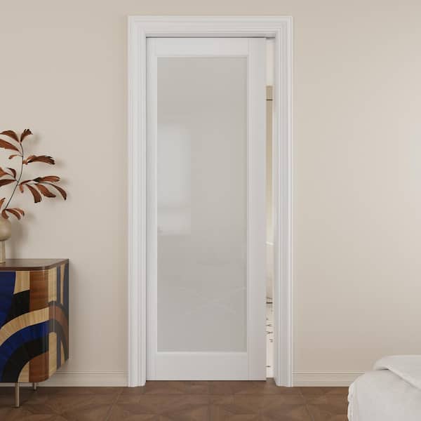 26 in. x 80 in. 1-Lite Frosted Glass White Primed Wood Pocket Door with Door Frame and Hardware (Soft Close Included)