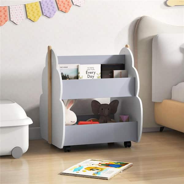 Costway Grey 20.5 in. Kids Wooden Bookshelf w/Wheels 2-Tier Toy Storage Shelf Double-Sided Bookcase