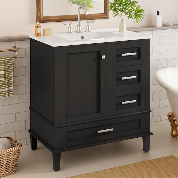 Ziyudura 30 in. Single Sink Freestanding Black Bath Vanity with White Ceramic Top, 3-Soft-Closing Drawers, Door Racks