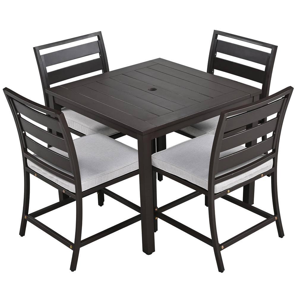 Sudzendf Dark Brown 5Piece Metal Outdoor Dining Set with Gray Cushion