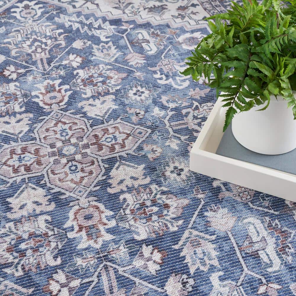 Navy Ivory Floral Cotton Chenille Runner Rug 2' x 6'