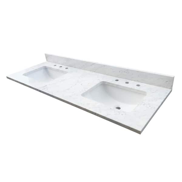 TILE & TOP 61 in. W x 22 in. D x 1 in. H Bianco Carrara White Marble Double Basin Vanity Top with Basins-TH0571 - The Home Depot