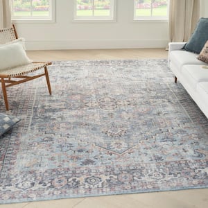 57 Grand Machine Washable Light Gray/Blue 9 ft. x 12 ft. Bordered Traditional Area Rug