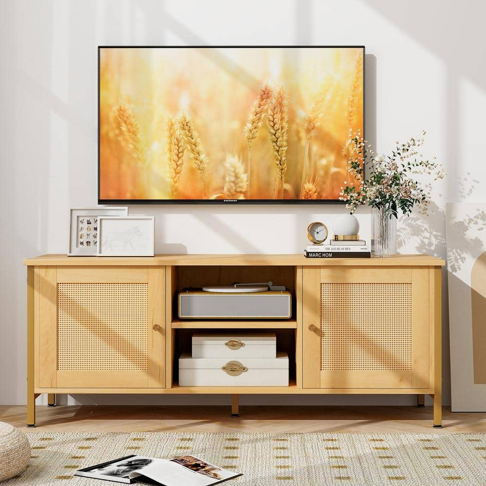 NEW Farmhouse Boho Rattan TV 2024 Stand for 60 inch TVs with Rattan Sliding Doors