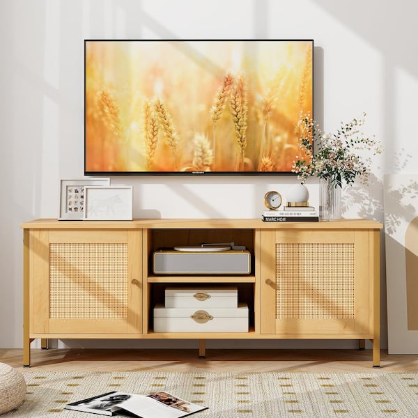 FORCLOVER Boho Natural TV Stand Fits TVs up to 55 in. with Faux Rattan Door