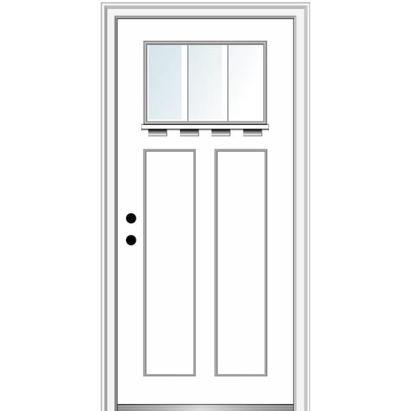 MMI DOOR 32 in.x80 in. Low-E Glass Right-Hand Craftsman 2-Panel 3-Lite Clear Painted Fiberglass Smooth Prehung FrontDoor w/ Shelf