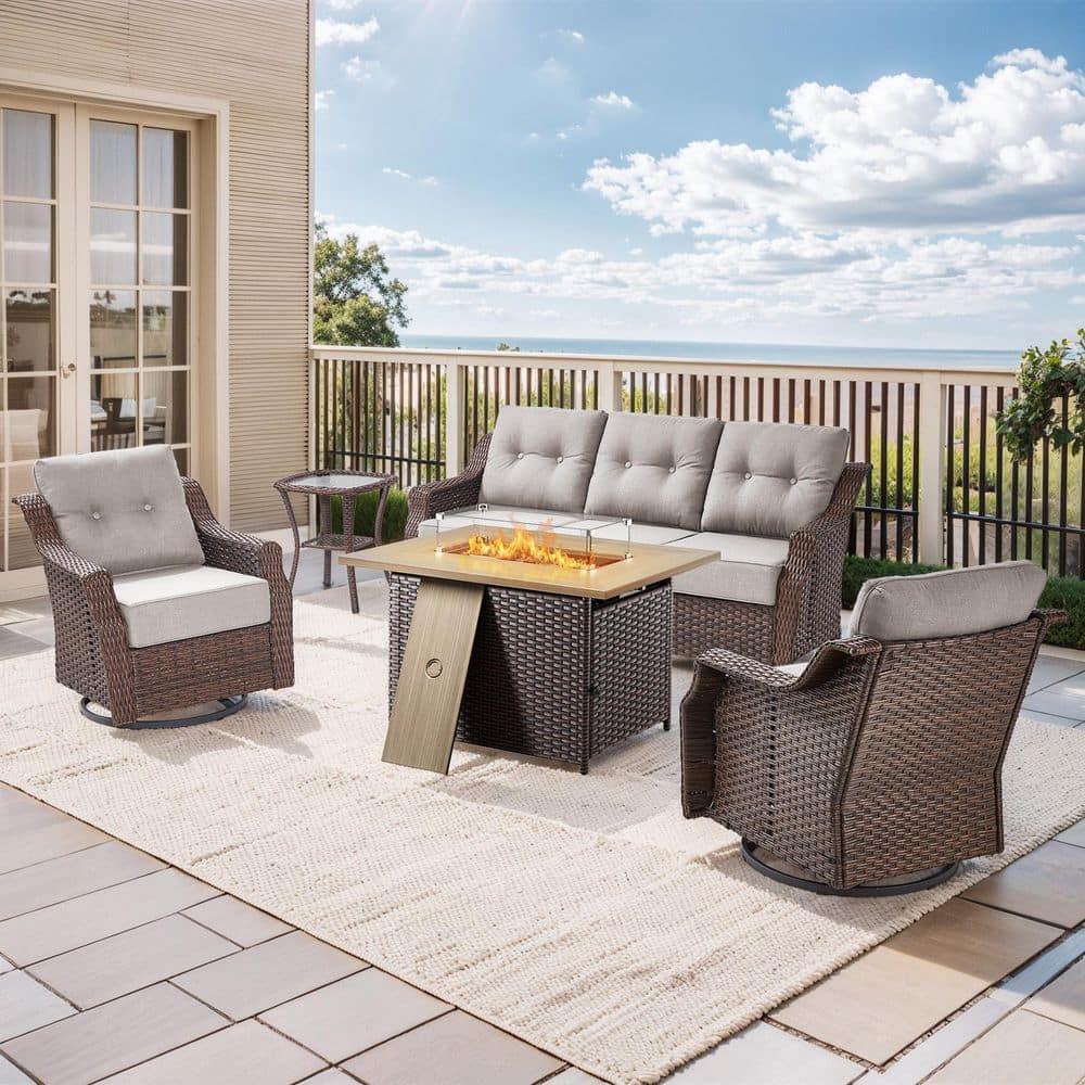 Henn 5-Piece Wicker Patio Conversation Set with Fire Pit Table and Swivel Glider Chairs with Beige Cushions price history on PriceWatchPro