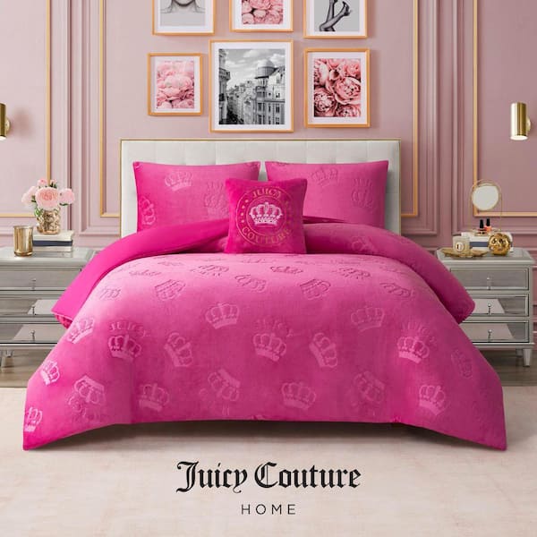 JUICY COUTURE Embossed Plush Crown 3-Piece Hot Pink Damask