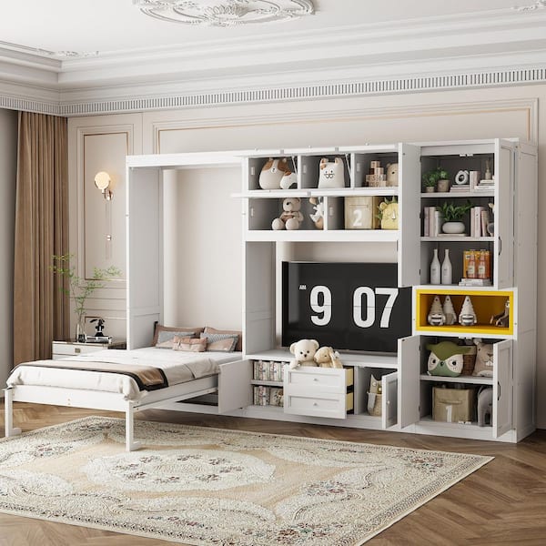 White Wood Frame Twin Size Murphy Bed with TV Stand, 2-Drawers, Shelves and Cabinets