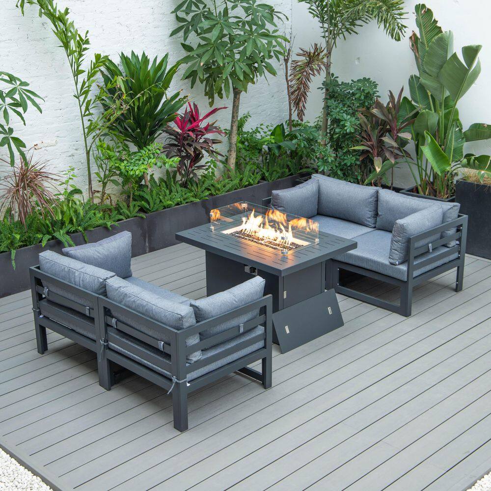 Chelsea Black 5-Piece Aluminum Sectional and Patio Fire Pit Set with Blue Cushions price history on PriceWatchPro