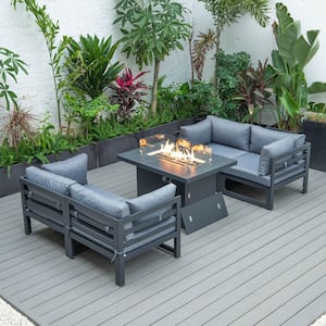 Chelsea Black 5-Piece Aluminum Sectional and Patio Fire Pit Set with Blue Cushions