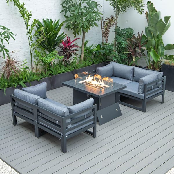 Leisuremod Chelsea Black 5-Piece Aluminum Sectional and Patio Fire Pit Set with Blue Cushions