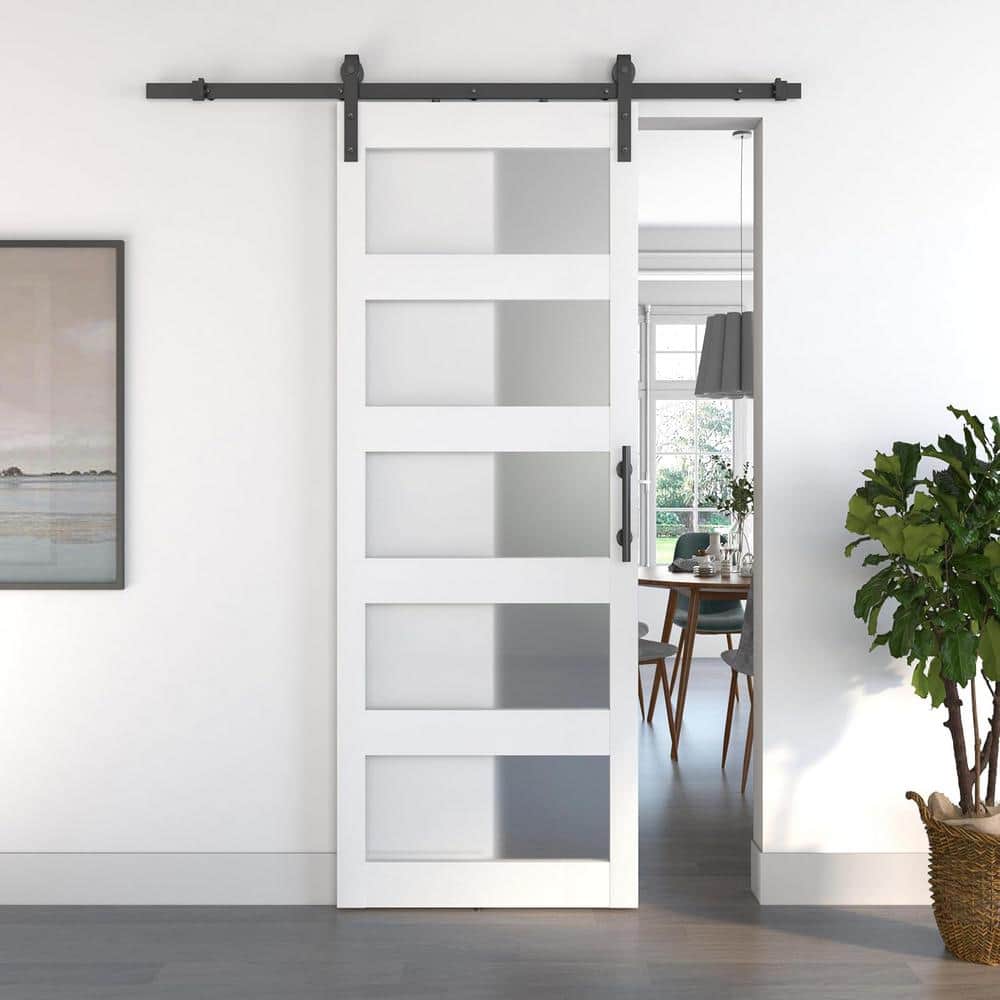 White Frosted Glass 30" x 84" Sliding Barn Door with Solid Hybrid Core