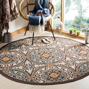 Veranda Chocolate/Aqua 7 ft. x 7 ft. Round Floral Indoor/Outdoor Patio  Area Rug