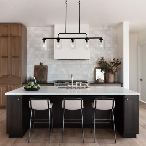 Gaul 5-Light 42.5 in.W Matte Black Modern Industrial Rectangular Island Chandelier with Seeded Glass Shade for Kitchen