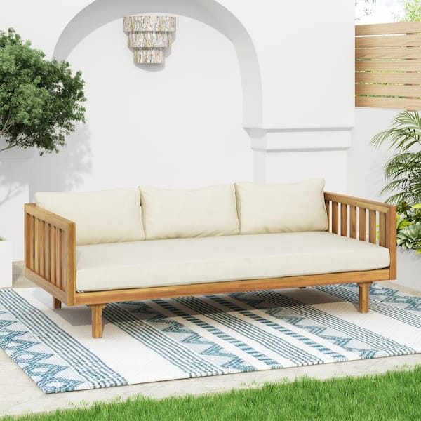Runesay 3-Seat Brown Wood Outdoor Day Bed with Beige Cushions