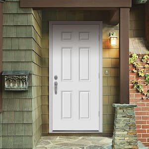 34 in. x 80 in. 6-Panel White Painted Steel Prehung Left-Hand Outswing Front Door w/Brickmould