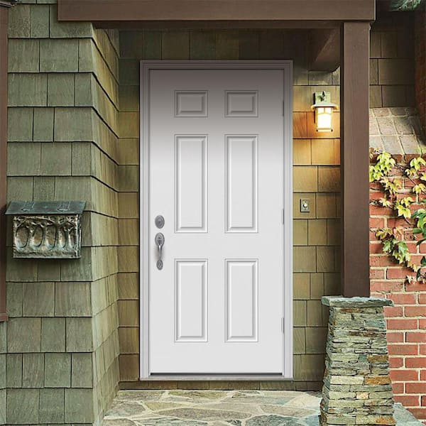 36 in. x 80 in. 6-Panel White Painted Steel Prehung Left-Hand Outswing Front Door w/Brickmould