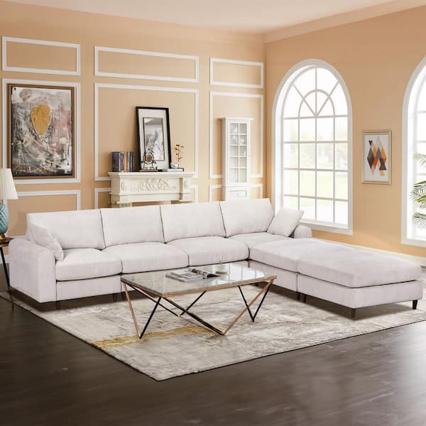 Rosa 121.65 in. Velvet Upholstered U-Shaped Modular Sectional Sofa in. Beige with 2 Ottomans, Side Pockets, Pillows