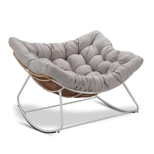 Rattan Rope White Frame 42 in. W Metal Outdoor Rocking Chair with Light Gray Olefin Cushion