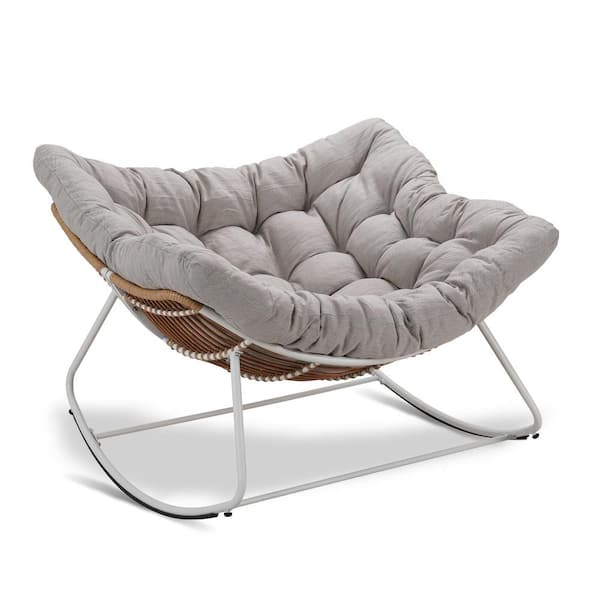 Tenleaf Rattan Rope White Frame 42 in. W Metal Outdoor Rocking Chair with Light Gray Olefin Cushion