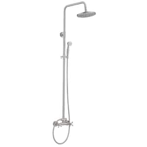 2-Spray Outdoor Wall Bar Shower Kit 8 in. Round Rain Shower Head with Hand Shower and 2 Cross Knobs in Brushed Nickel